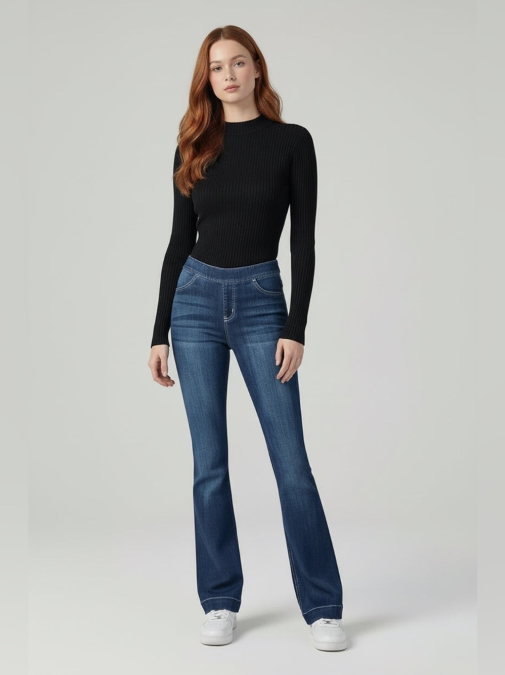 Blue Dark Wash Pull On Flare Ultra Stretchy Denim Jegging Long Jeans - Picture 7 of 12
